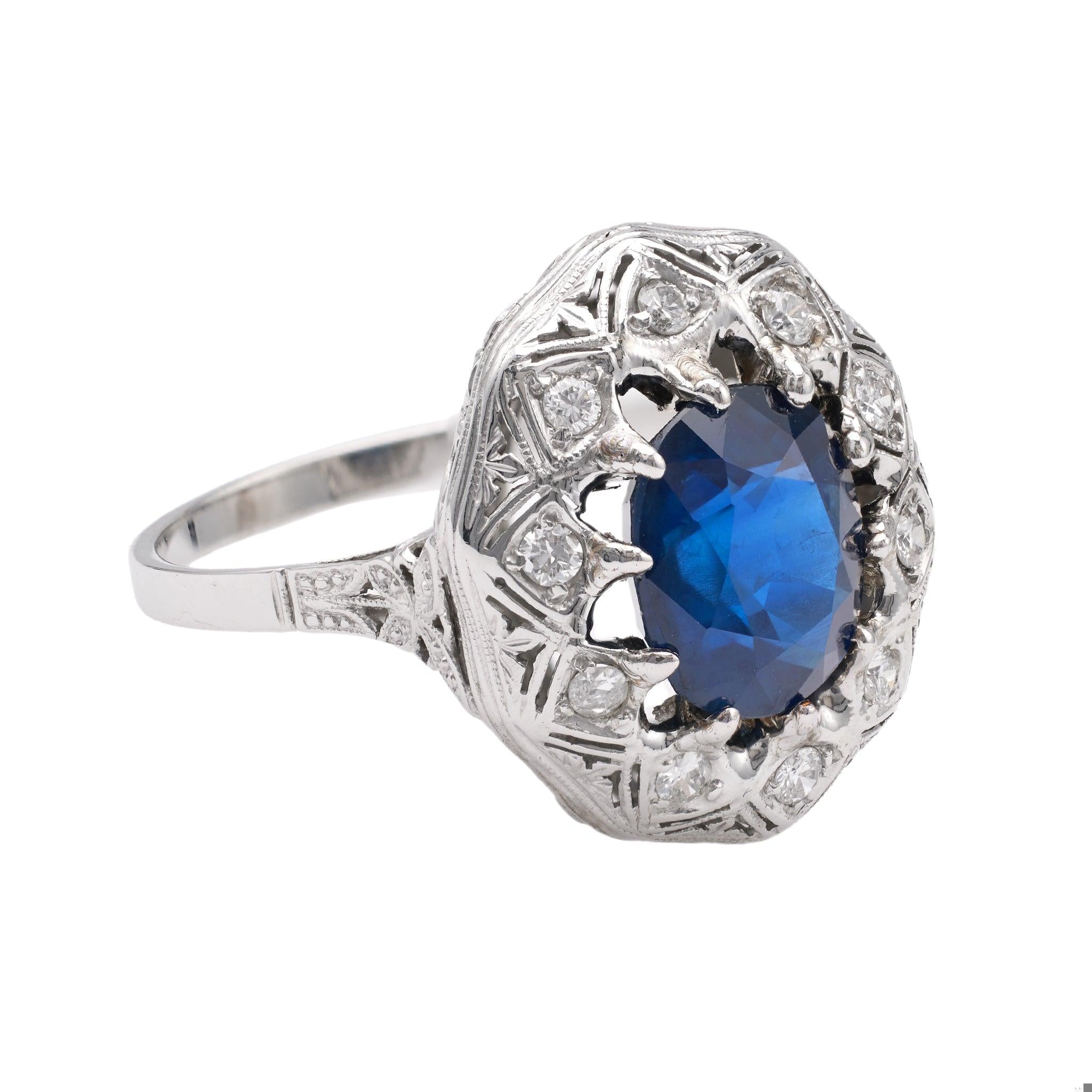 Mid-Century GIA Thai Sapphire and Diamond 18k White Gold Filigree Ring Rings Jack Weir & Sons   