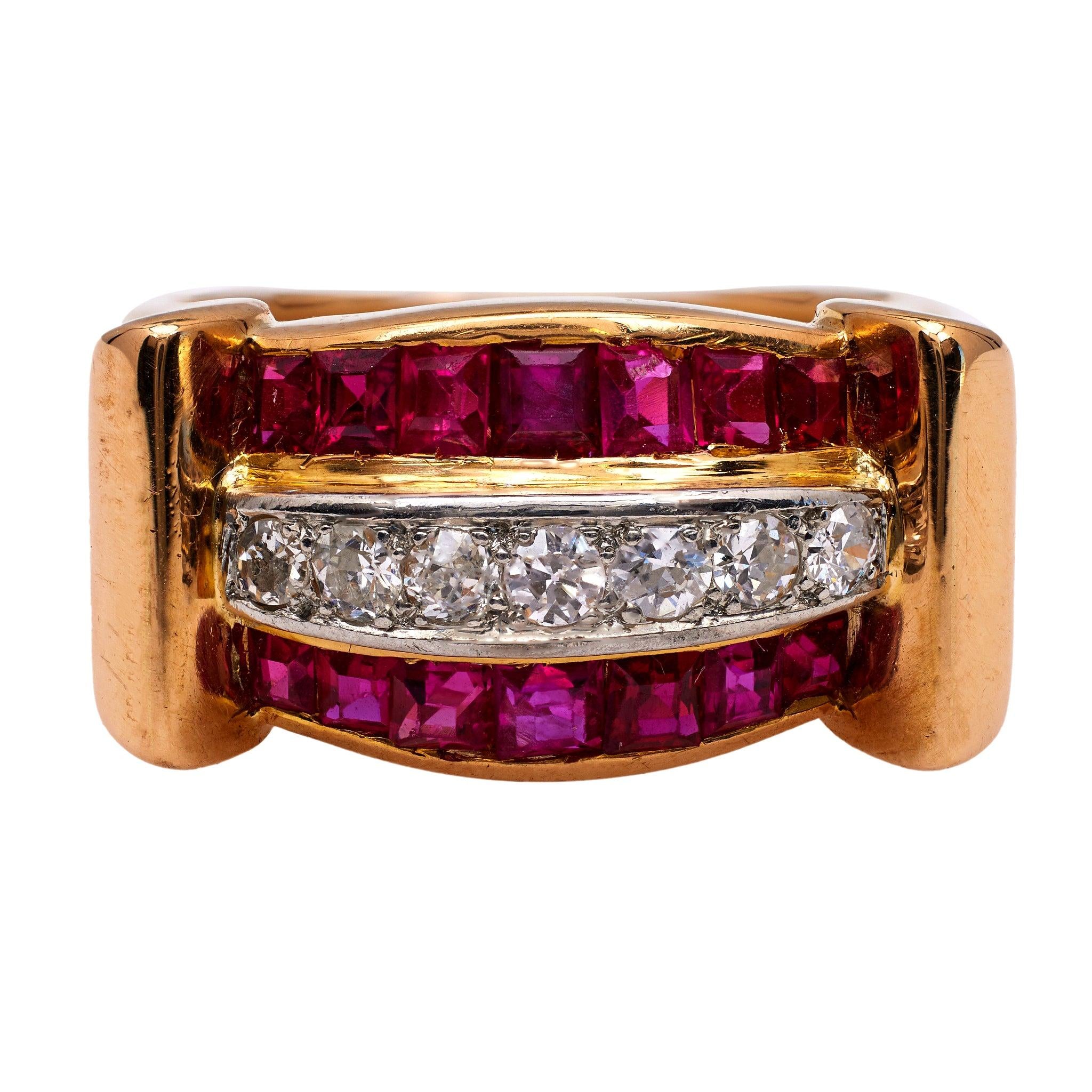 Retro French Diamond and Synthetic Ruby 18k Yellow Gold Tank Ring  Jack Weir & Sons   