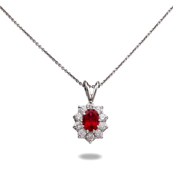 Ruby & Diamond Halo Pendant with Platinum Chain Necklaces Jack Weir & Sons   