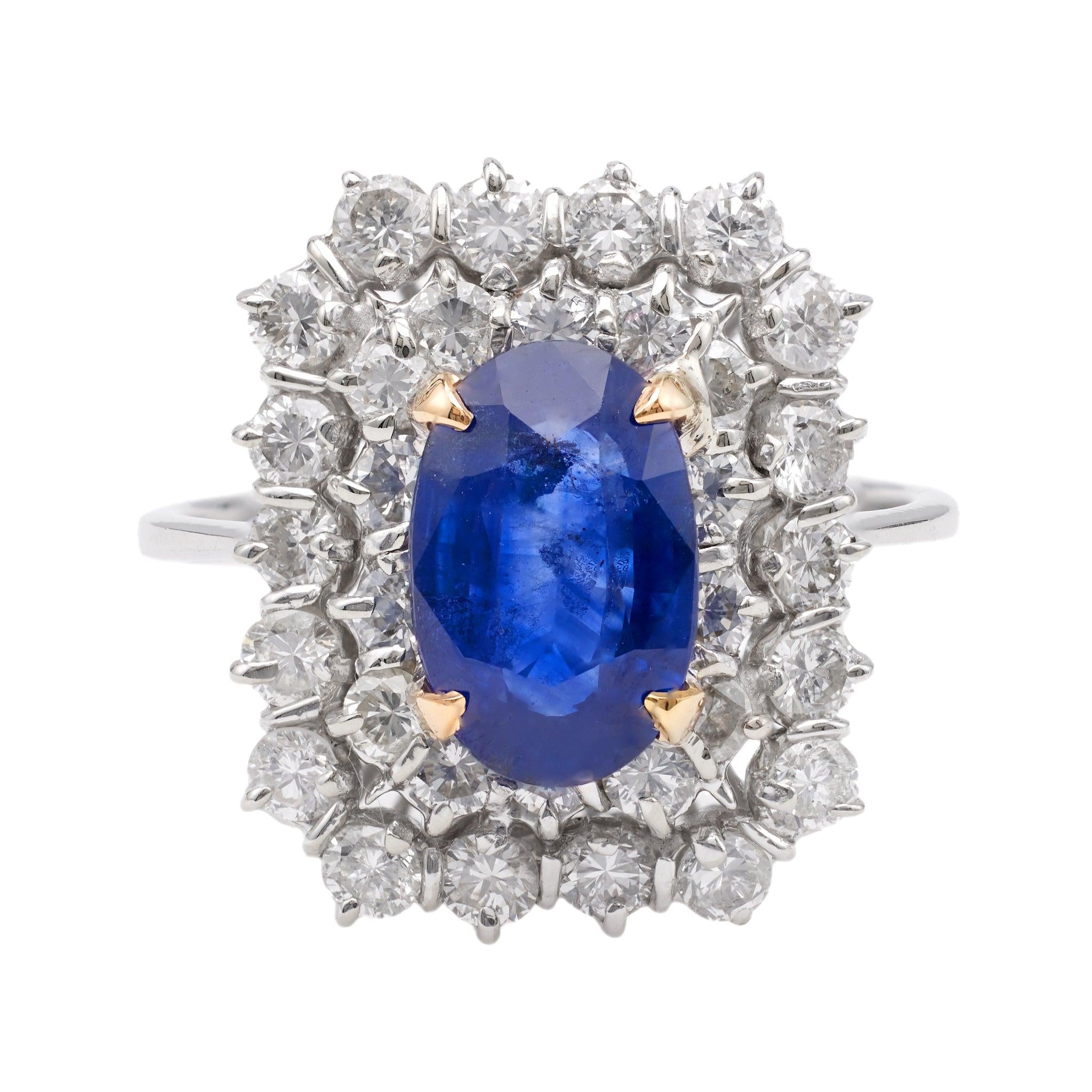 Vintage GIA 2.08 Carat Ceylon Sapphire 18k White Gold Double Halo Ring Rings Jack Weir & Sons   