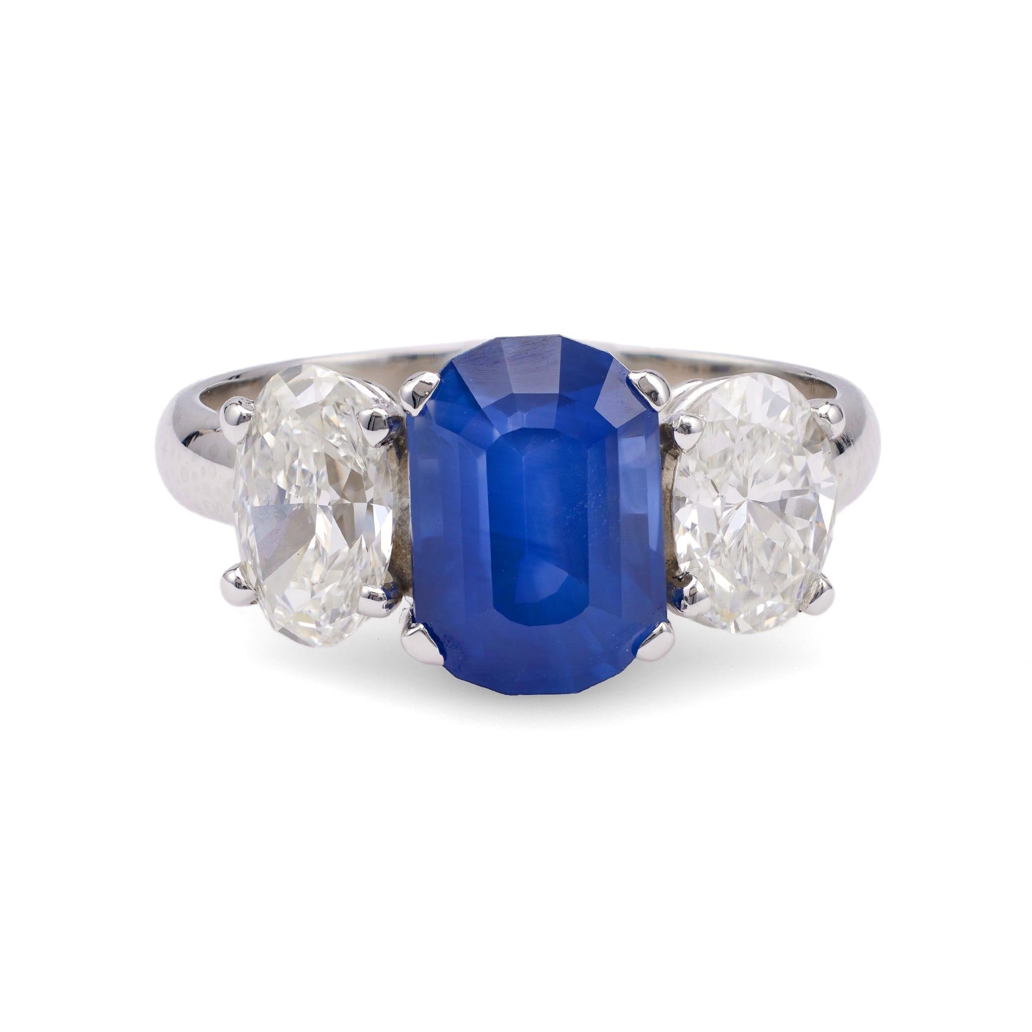 Vintage GIA 3.65 Carat Ceylon Sapphire Diamond Platinum Three Stone Ring Rings Jack Weir & Sons   