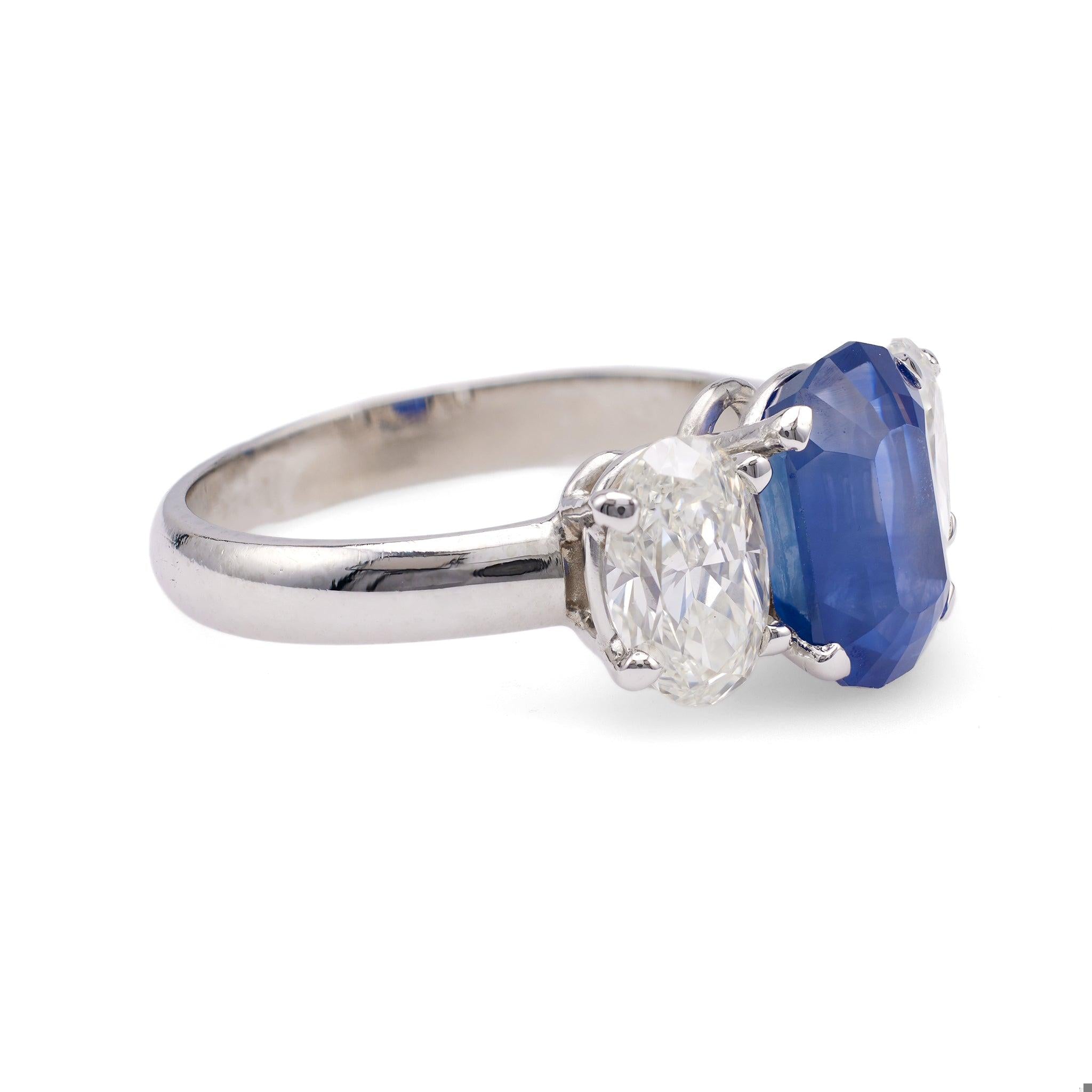 Vintage GIA 3.65 Carat Ceylon Sapphire Diamond Platinum Three Stone Ring Rings Jack Weir & Sons   