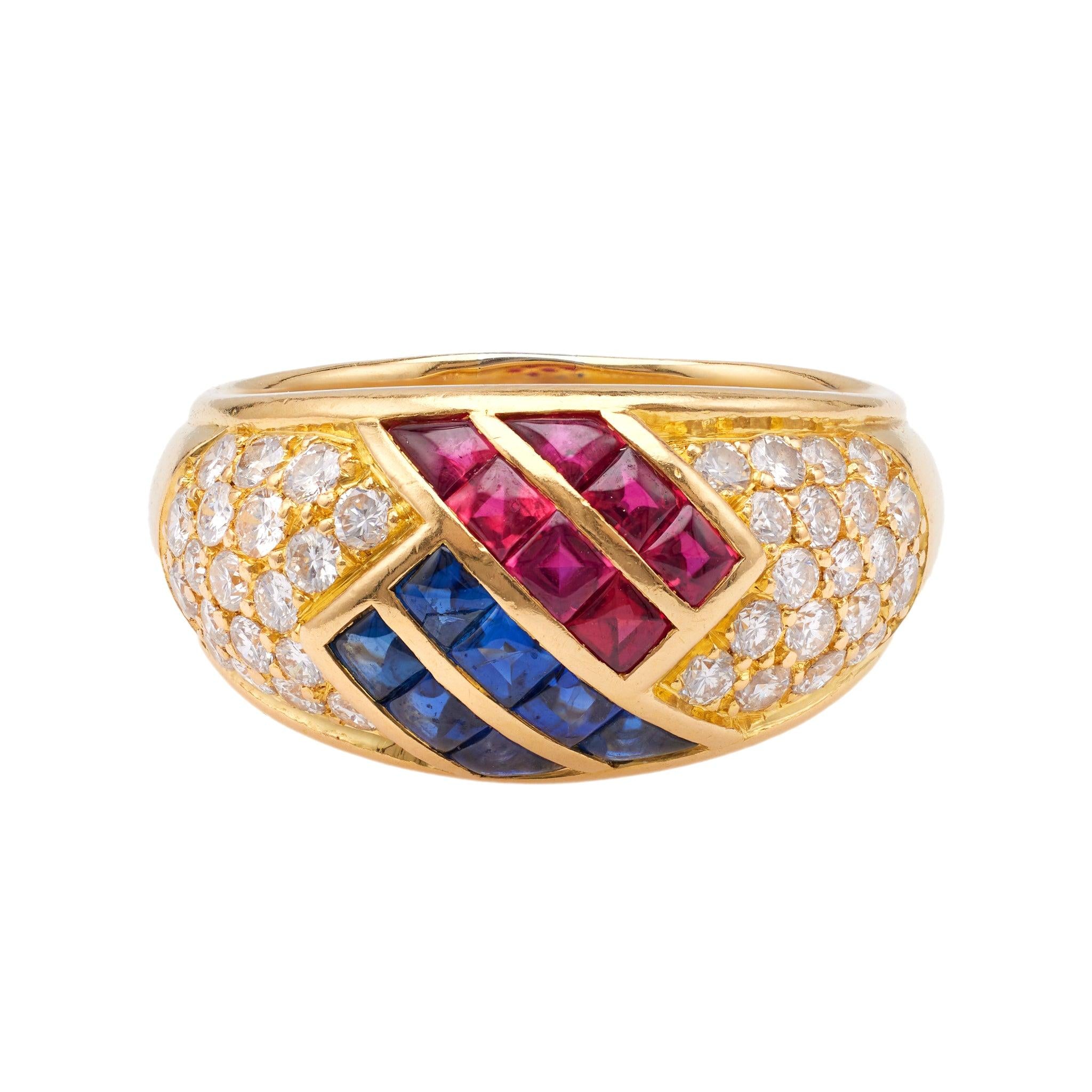 Vintage Mauboussin French Ruby, Sapphire, and Diamond 18k Yellow Gold Dome Ring  Mauboussin   