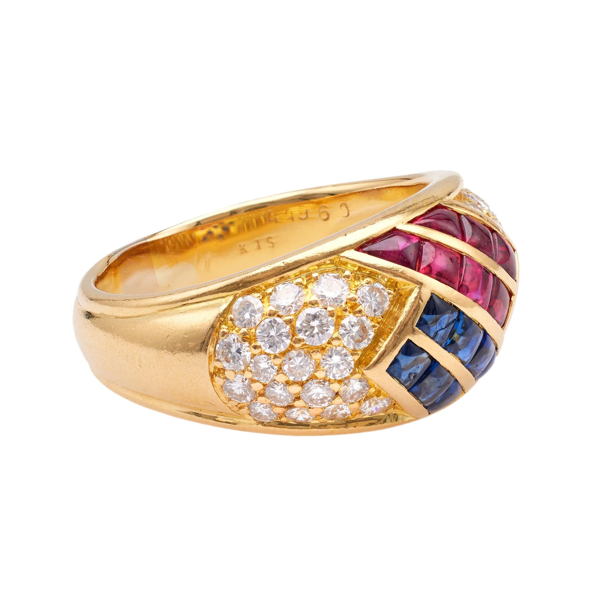 Vintage Mauboussin French Ruby, Sapphire, and Diamond 18k Yellow Gold Dome Ring  Mauboussin   