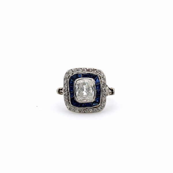 Art Deco French GIA 1.55 Cushion Cut Diamond and Sapphire Platinum 18k Ring