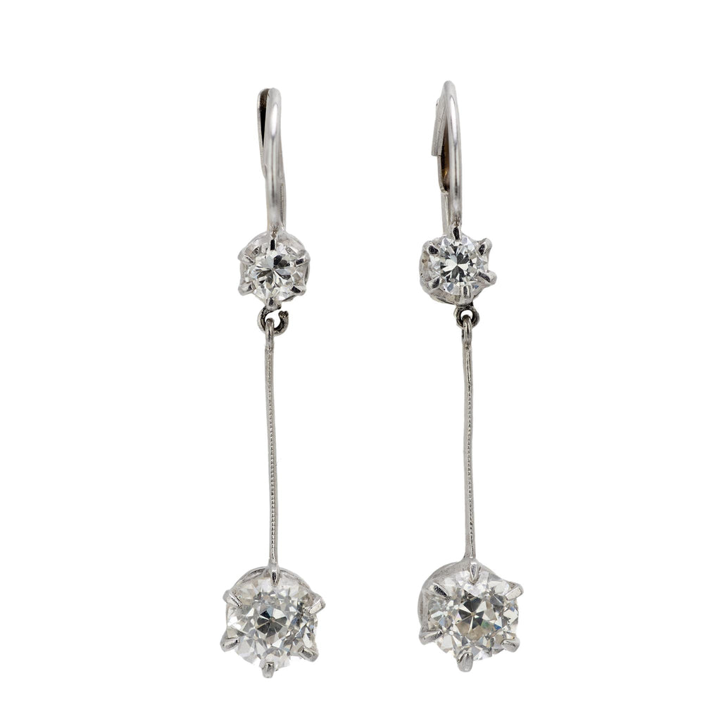 Mid Century 1.30 carat diamond 14k white gold dangle bar earrings