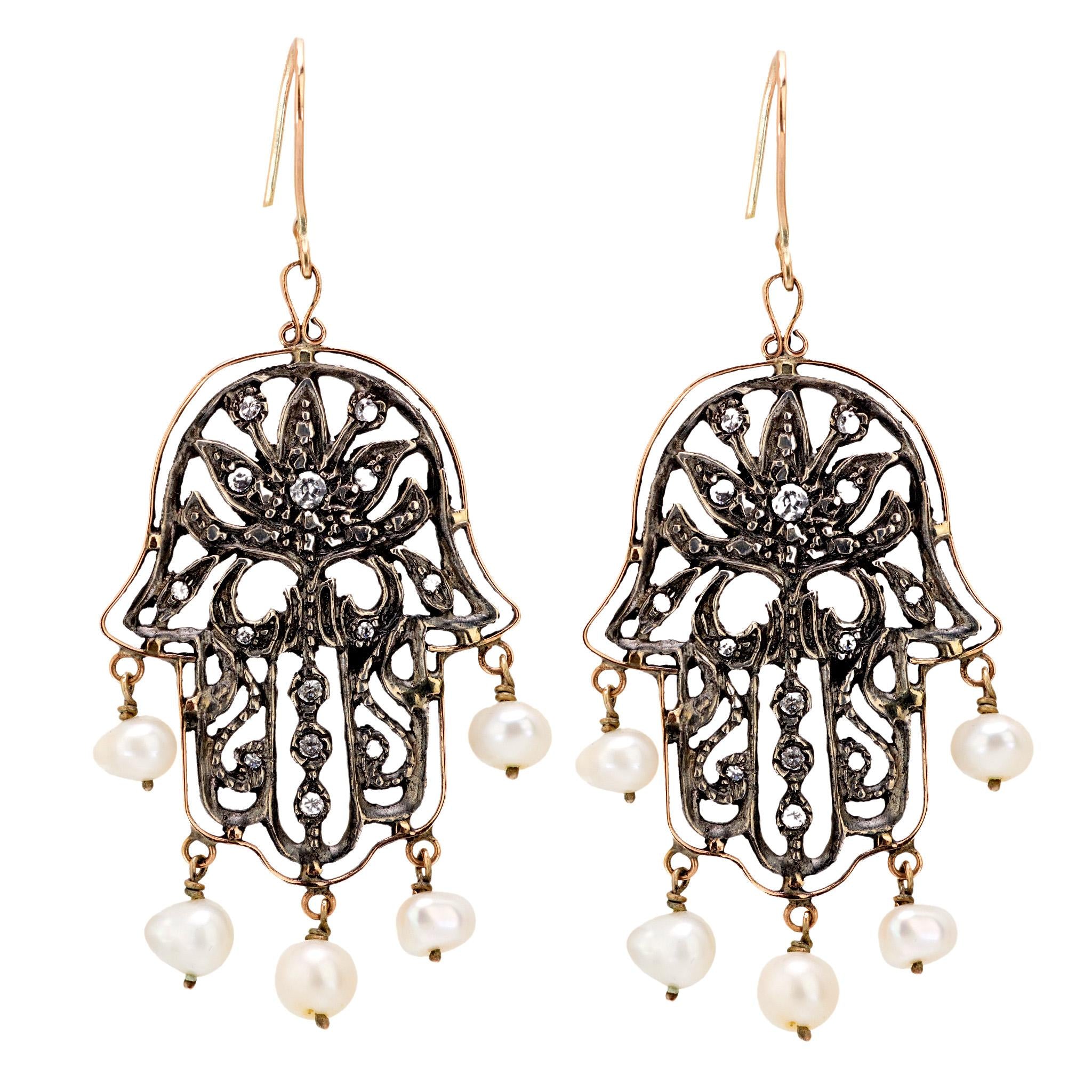 Vintage diamond pearl 10k rose gold and silver hamsa earrings