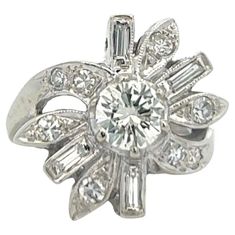 Mid-Century Diamond 14 Karat White Gold Flower Ring Rings Jack Weir & Sons   