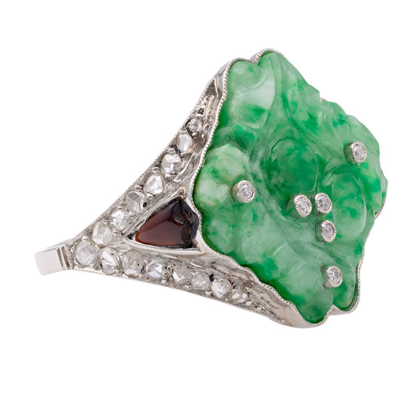 Art Deco Inspired Jade, Diamond, and Onyx Platinum Ring Rings Jack Weir & Sons   