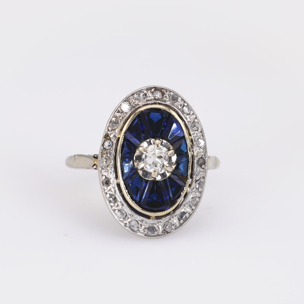 French Art Deco Diamond Sapphire White Gold Engagement Ring