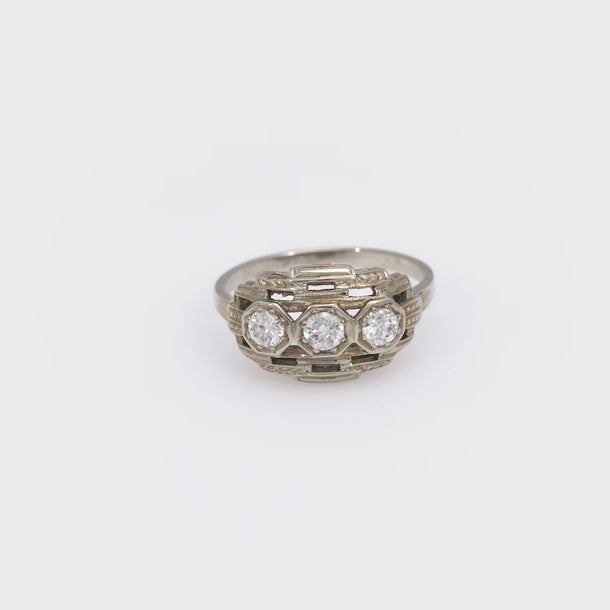Art Deco diamond 18k white gold 3 stone ring Jack Weir & Sons