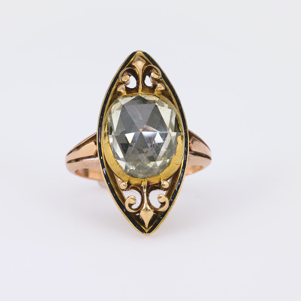 Antique 4 Carat Rose Cut Diamond 18K Yellow Gold Enamel Cocktail Ring