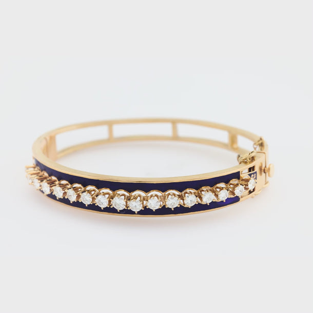 Mid Century 2 carat diamond 14k yellow gold enamel bangle Jack Weir & Sons