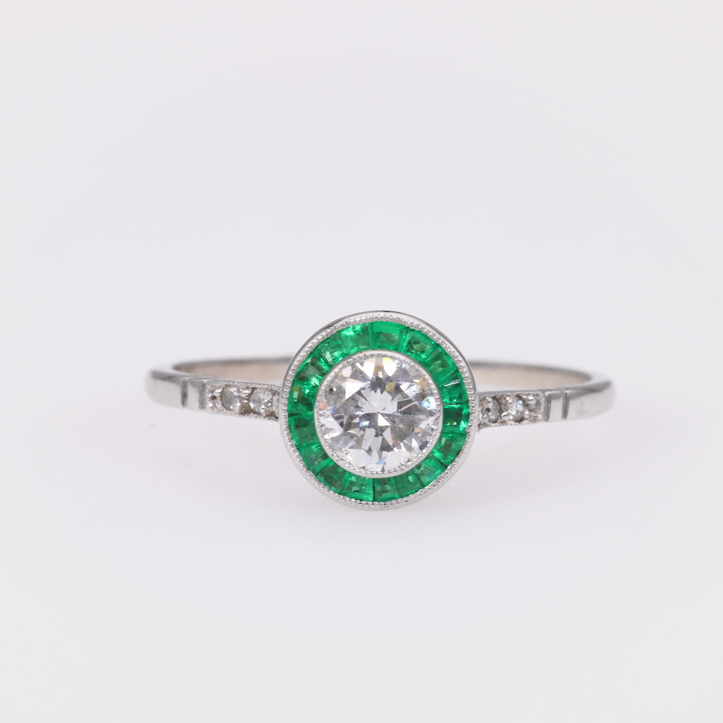 Art Deco Inspired Diamond Emerald Platinum Engagement Ring