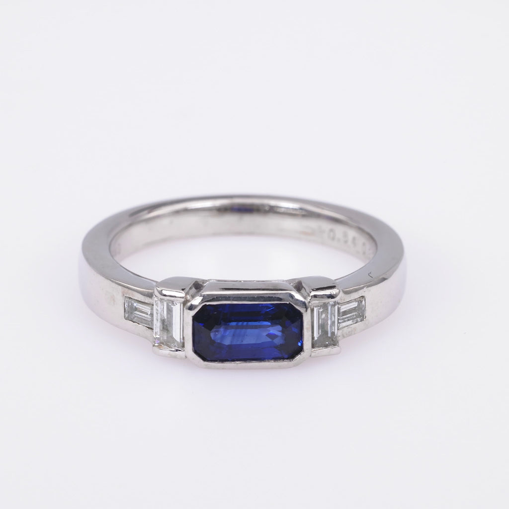 Vintage Emerald Cut Sapphire Diamond 18K White Gold Ring