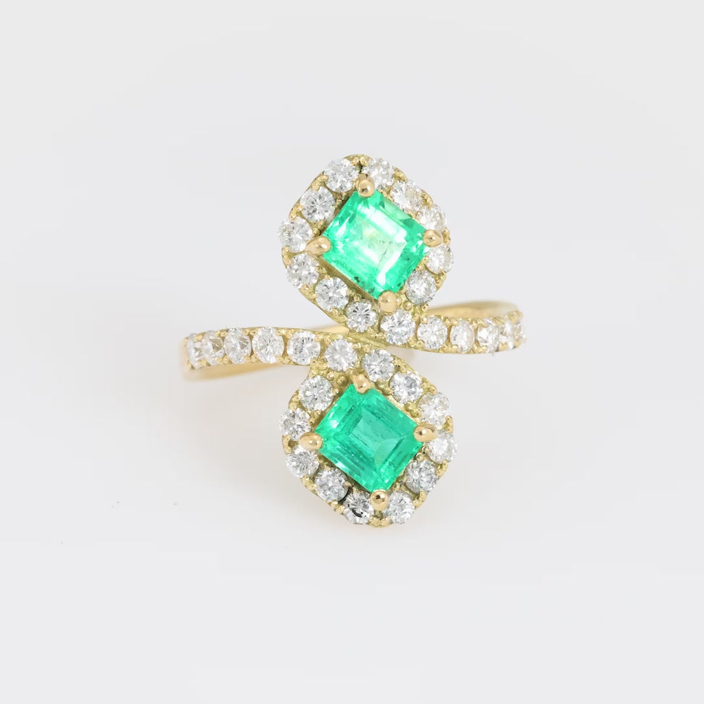 Modern 18k yellow gold 1.12 carat emerald diamond toi et moi pave ring Jack Weir & Sons