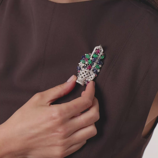 Tutti frutti emerald ruby sapphire diamond 18k white gold brooch pendant Brooches Jack Weir & Sons