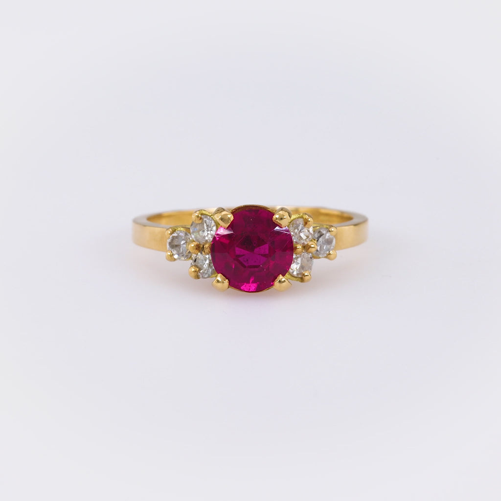 Vintage French Ruby Diamond 18K Yellow Gold Ring