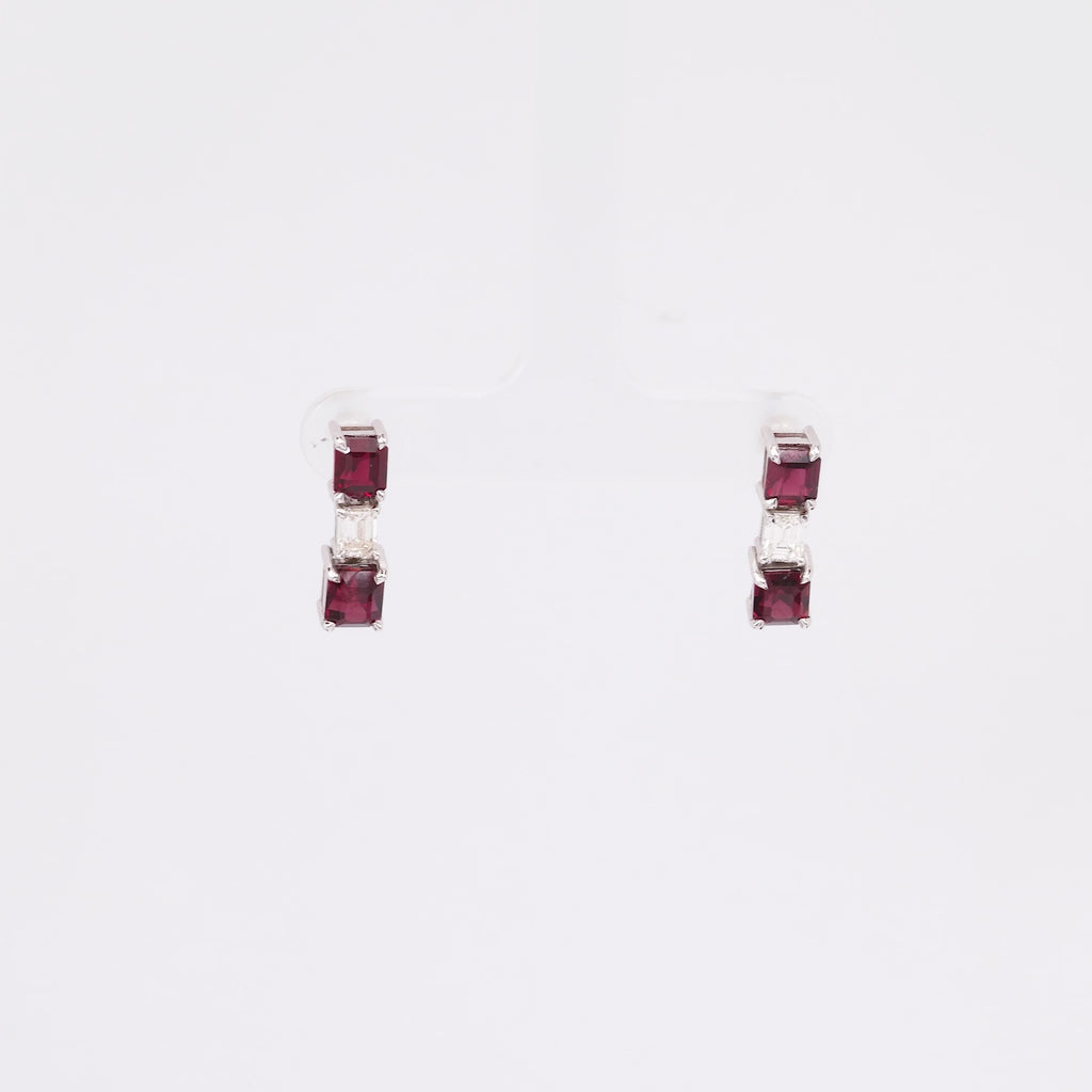 Modern 3.7 Carat Emerald Cut Ruby Diamond 14K White Gold Earrings
