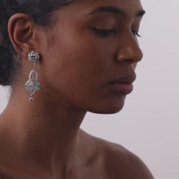 Contemporary 6.40 carat diamond emerald platinum cocktail earrings