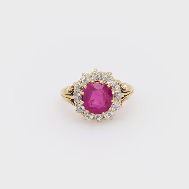 Victorian AGL 3.60 carat Burma no heat ruby diamond 18k yellow gold cluster ring