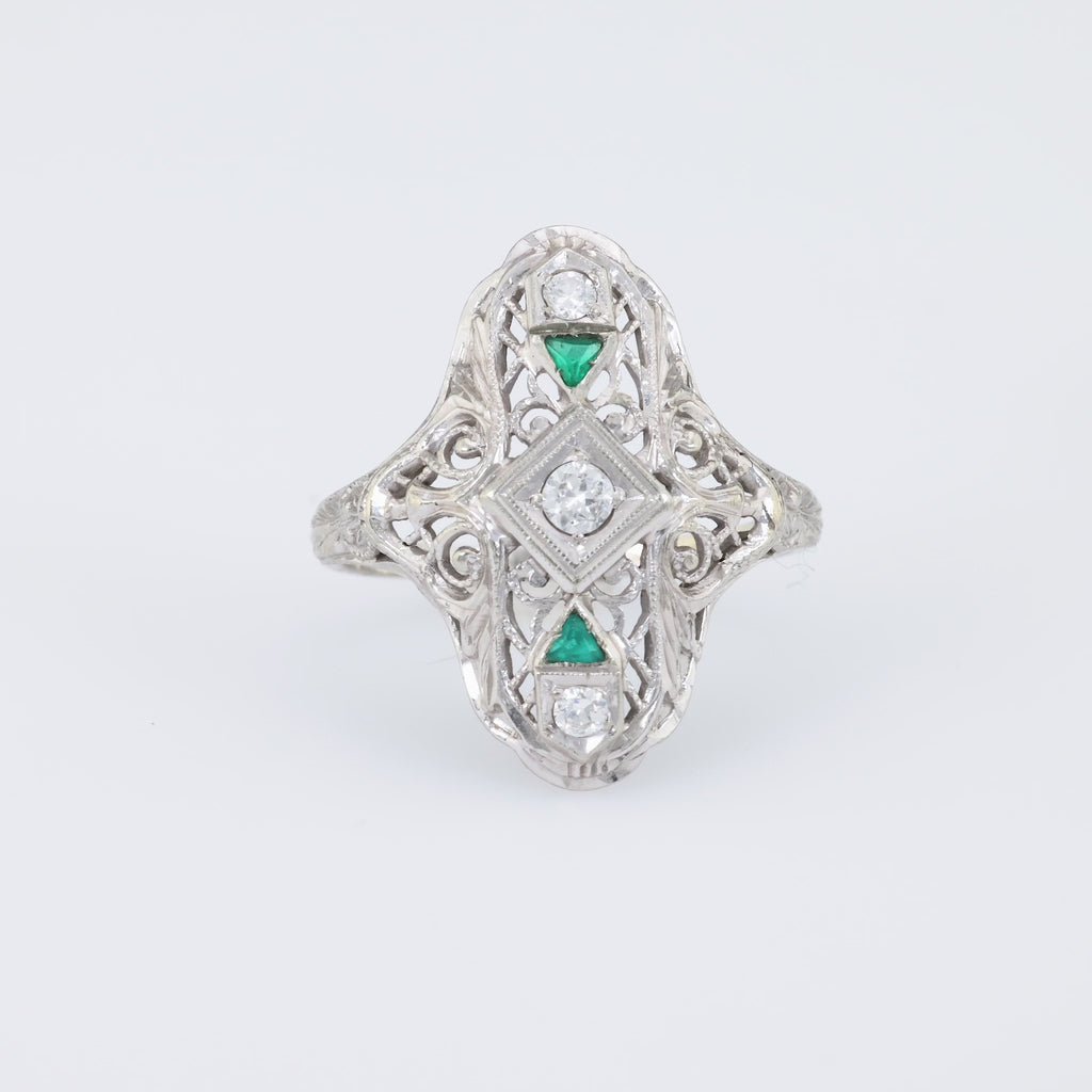 Art Deco Diamond Emerald Platinum Navette Ring