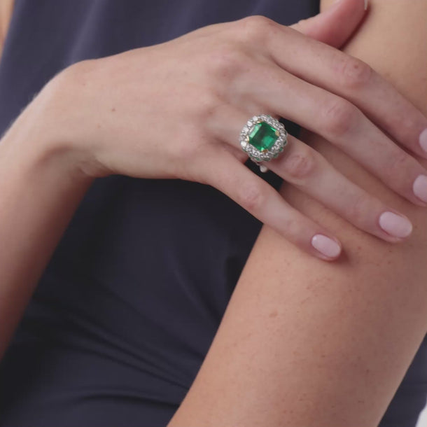 Art Deco style GIA 6.16 carat emerald diamond platinum cluster ring