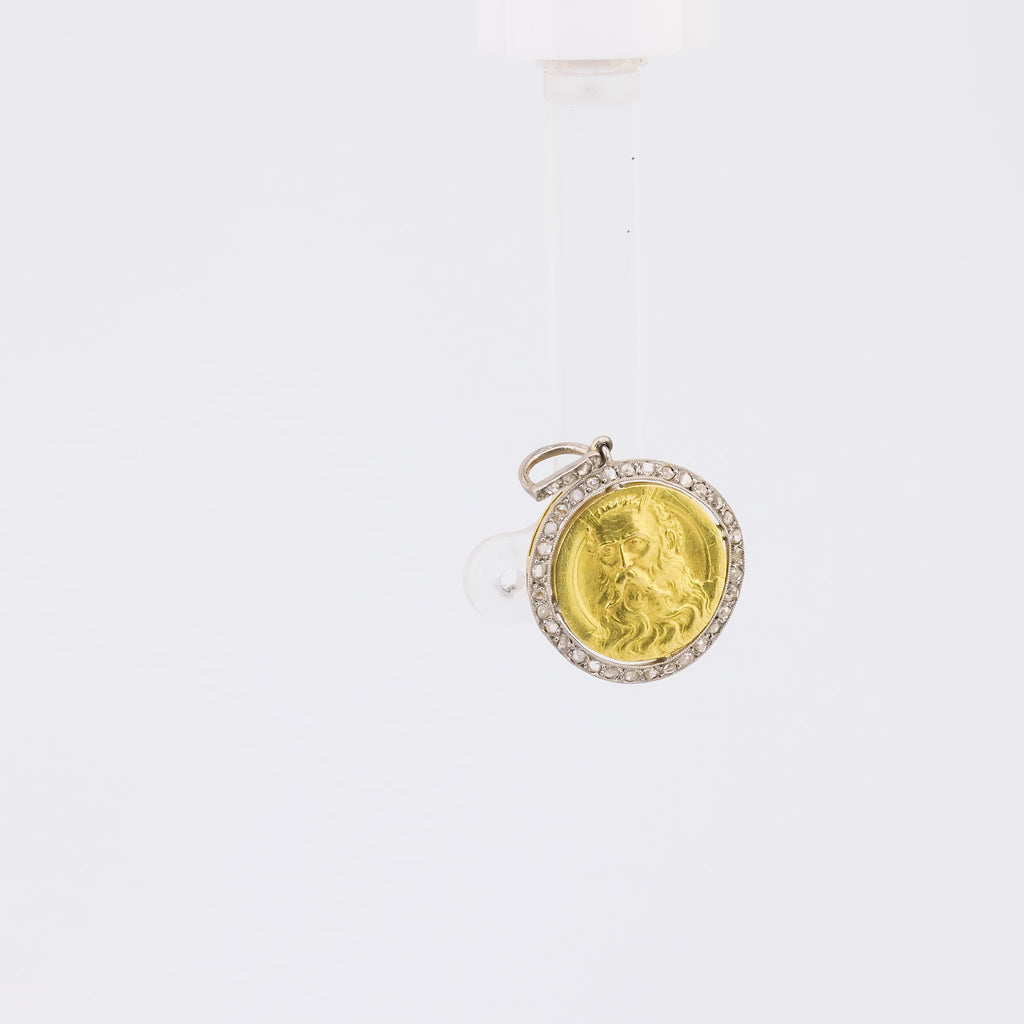 Antique French diamond 18k yellow and white gold coin pendant