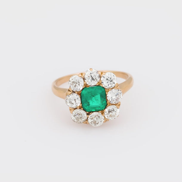 Victorian GIA Colombian emerald diamond 18k rose gold cluster ring Jack Weir & Sons