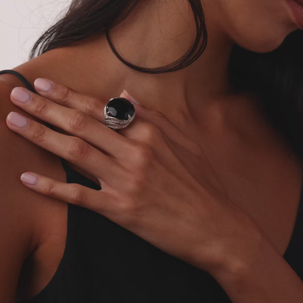 Mid Century onyx diamond platinum cocktail ring