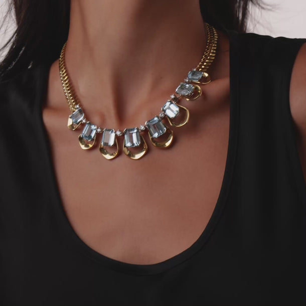 Mid century 60.00 carat aquamarine diamond 18k yellow gold necklace