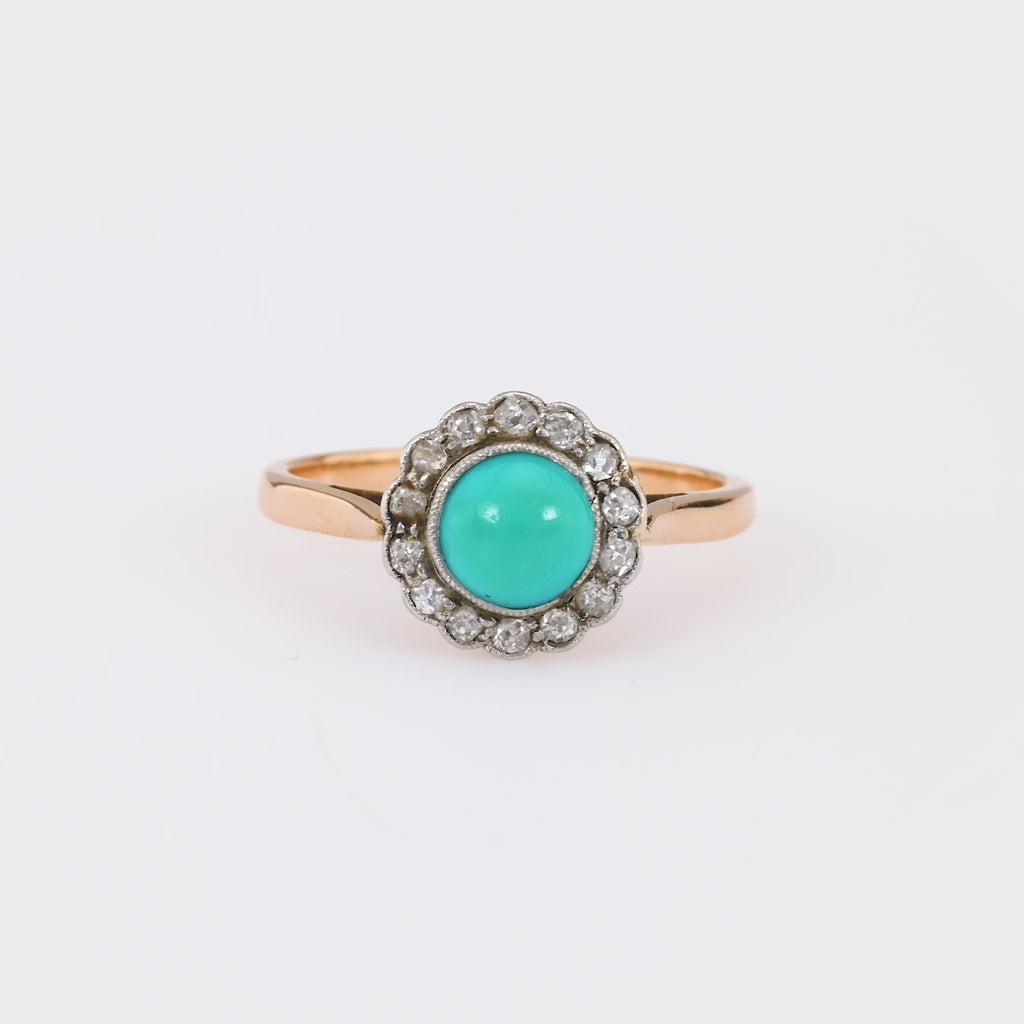 Victorian Turquoise Diamond 18K Rose and White Gold Cluster Ring