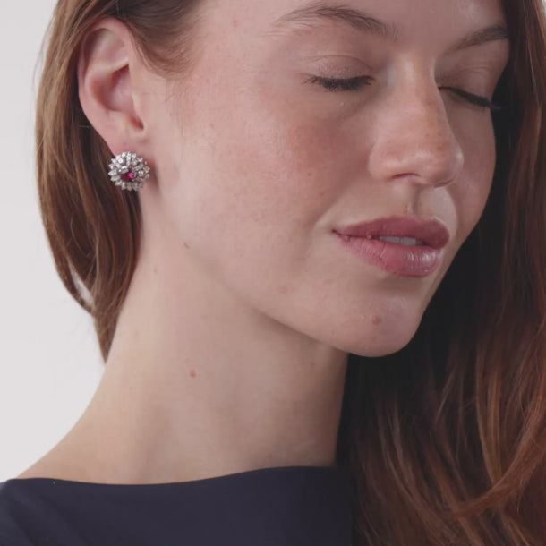 Mid century 2.00 carat pink tourmaline diamond 18k white gold cluster earrings