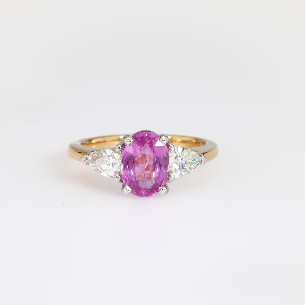 GIA 2 carat pink sapphire diamond 18k yellow gold three stone ring Jack Weir & Sons