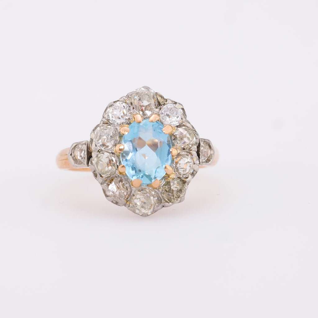 Precious antique aquamarine diamond 18k rose gold and silver cluster ring