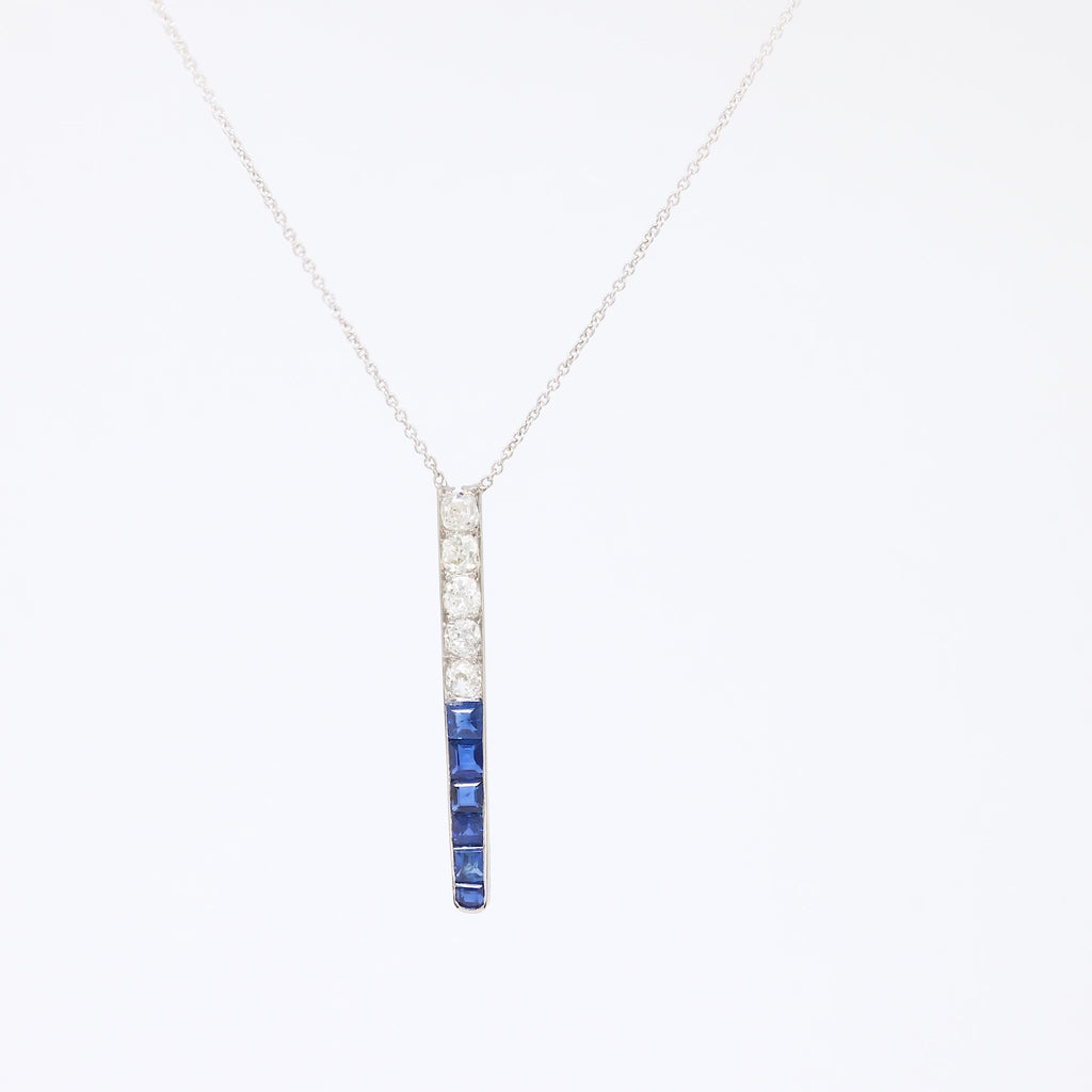 Art Deco Old Mine Cut Diamond Sapphire Platinum Necklace