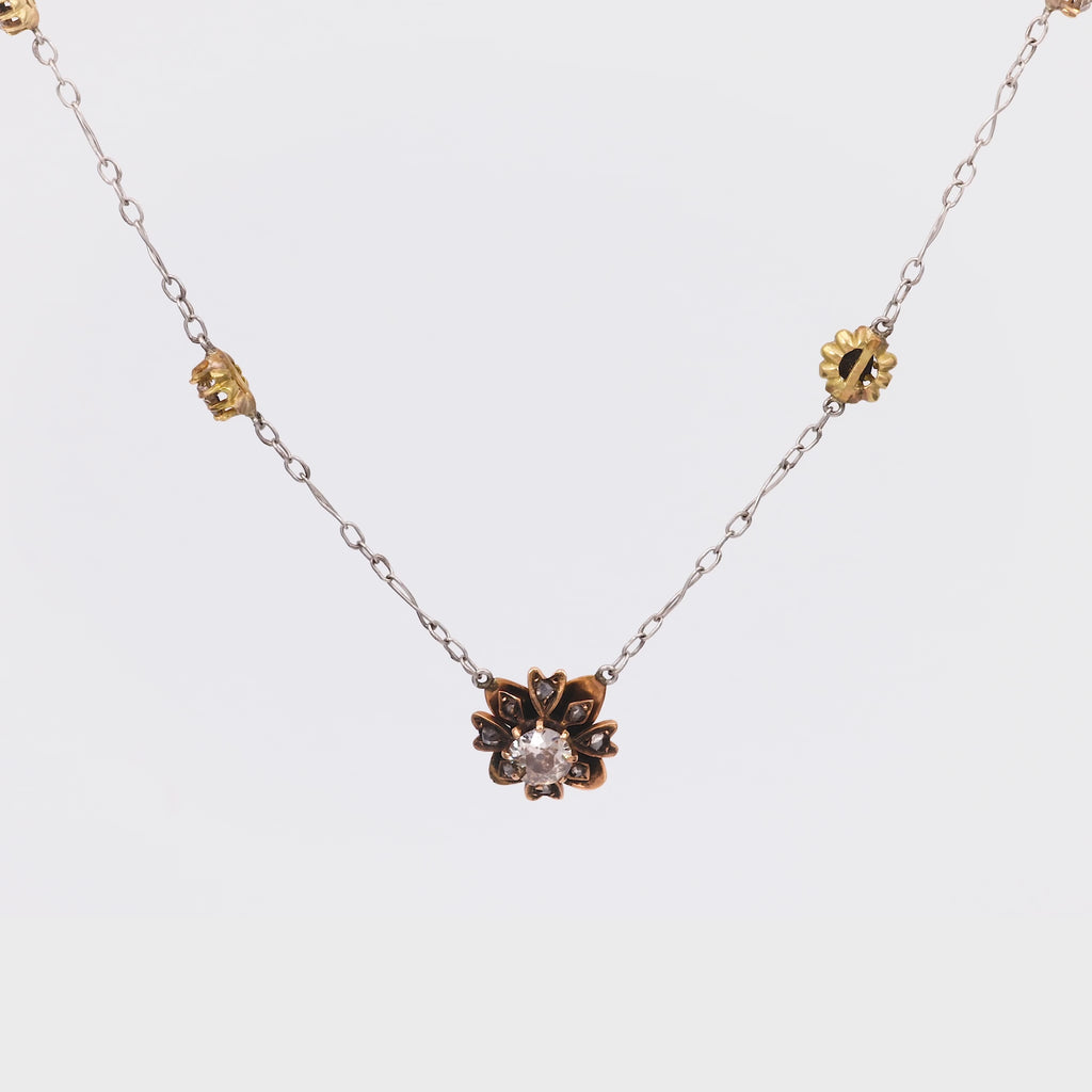 Antique Diamond 14K White Yellow Gold Flower Necklace