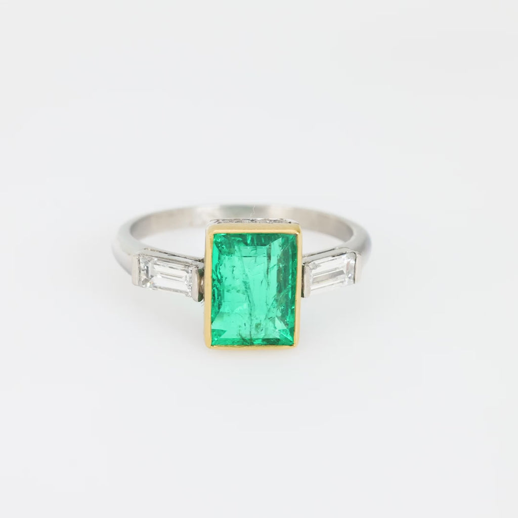 Vintage 1.77 carat emerald diamond platinum and yellow gold ring