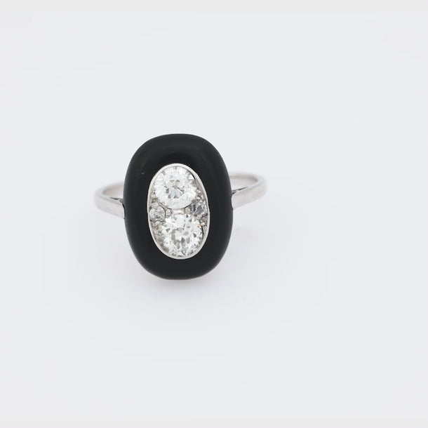 Art Deco French old cut diamond onyx 18k white gold ring Jack Weir & Sons