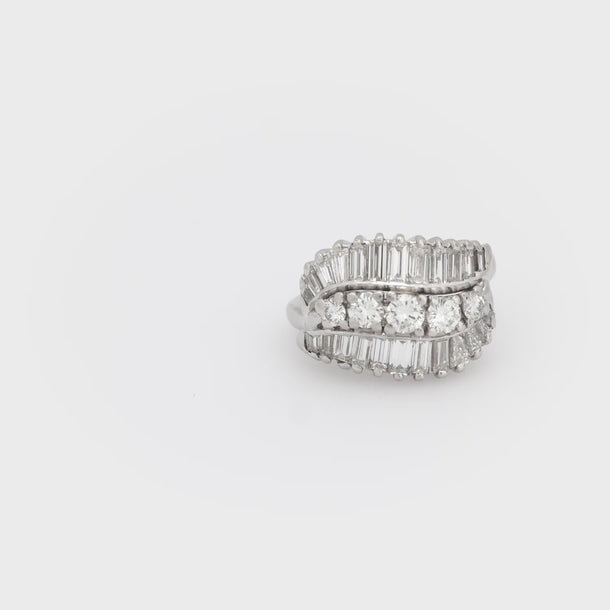 Mid Century round brilliant and baguette cut diamond platinum ring