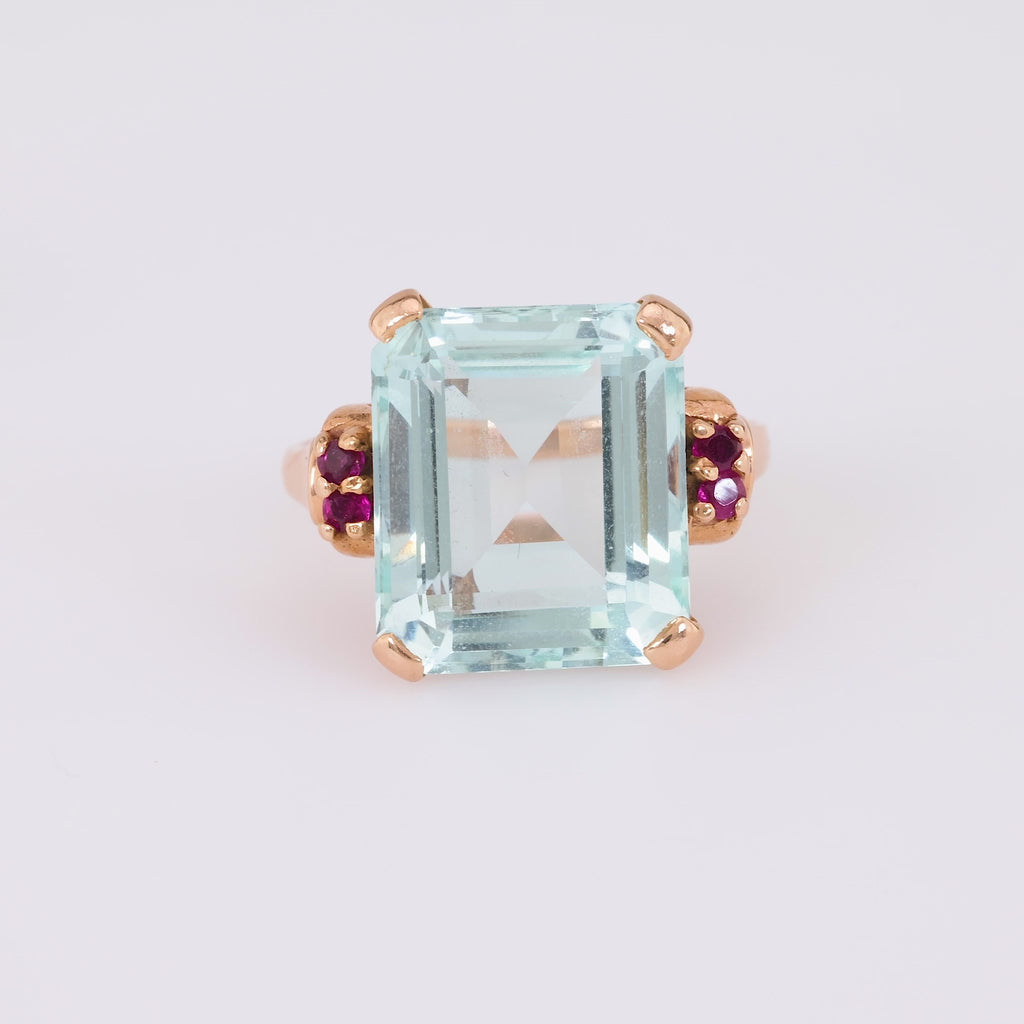 Retro Aquamarine Ruby 14K Rose Gold Cocktail Ring