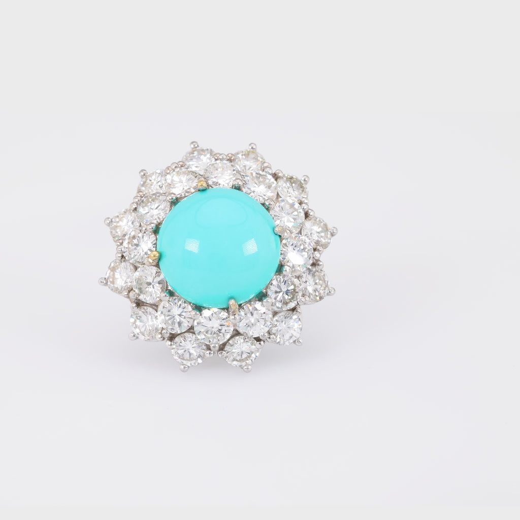 Mid Century Turquoise 5 Carat Diamond 18K White Gold Cluster Ring