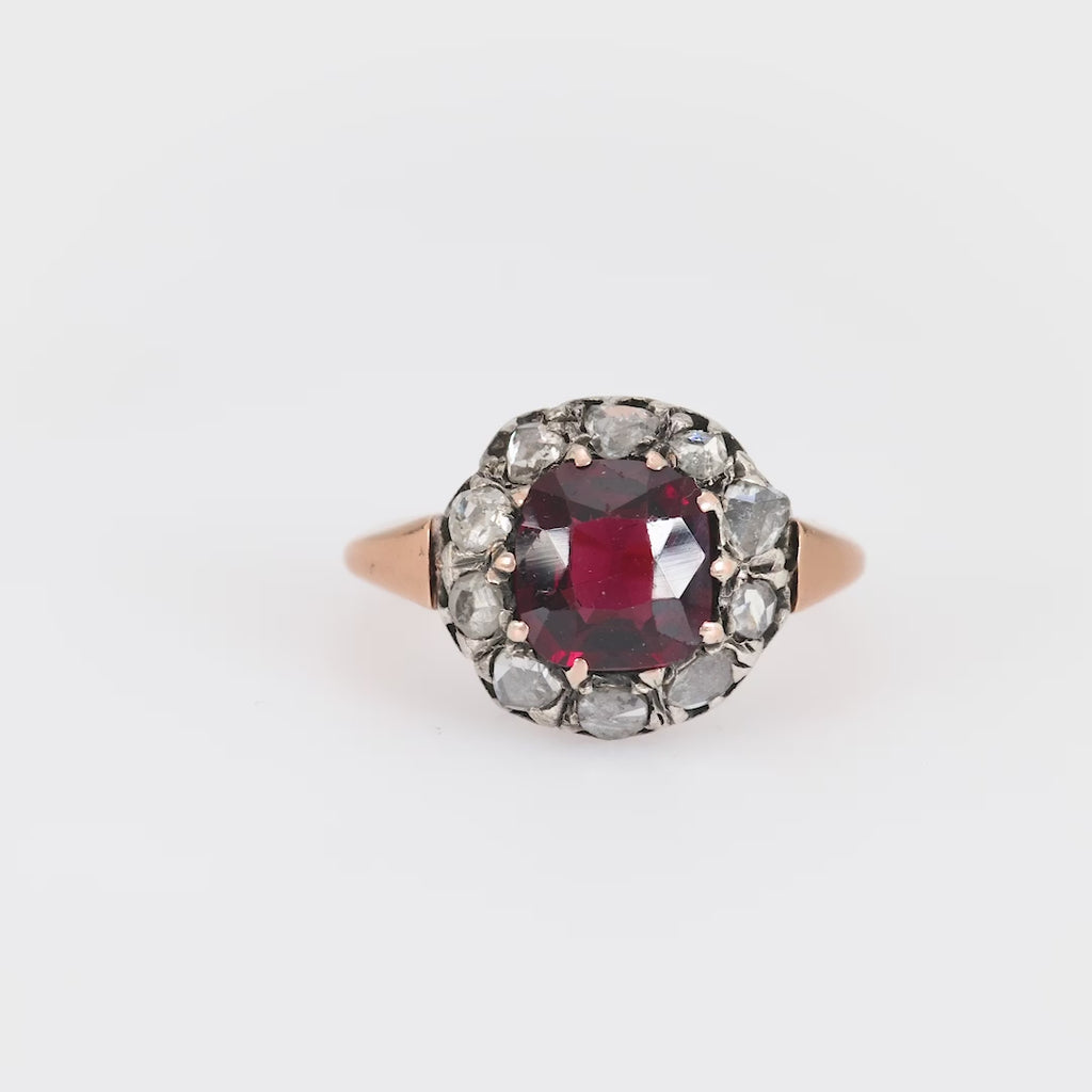 Victorian 2.20 carat garnet diamond 18k rose gold silver cluster ring Jack Weir & Sons