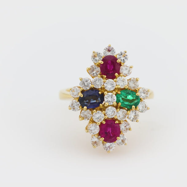 Vintage diamond ruby emerald and sapphire 18k yellow gold cluster ring Jack Weir & Sons