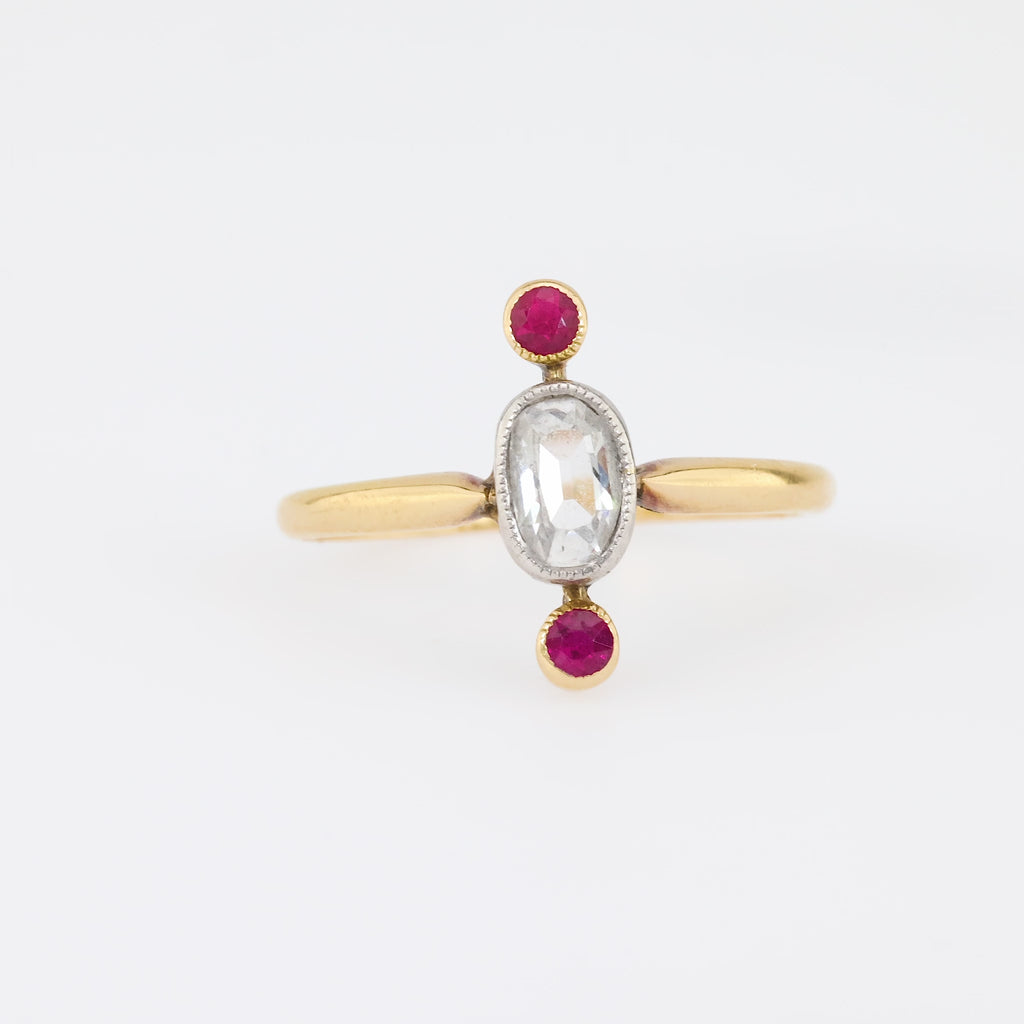 Antique Diamond Ruby 14K Yellow Gold Three Stone Ring