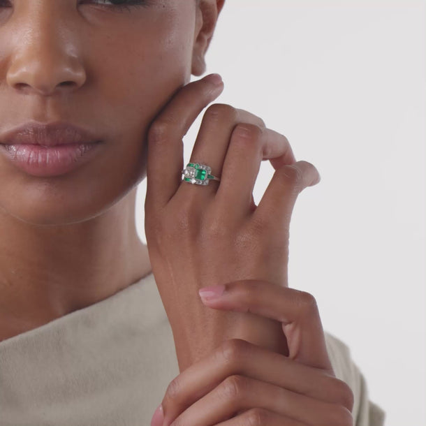 Art Deco style diamond emerald platinum toi et moi ring