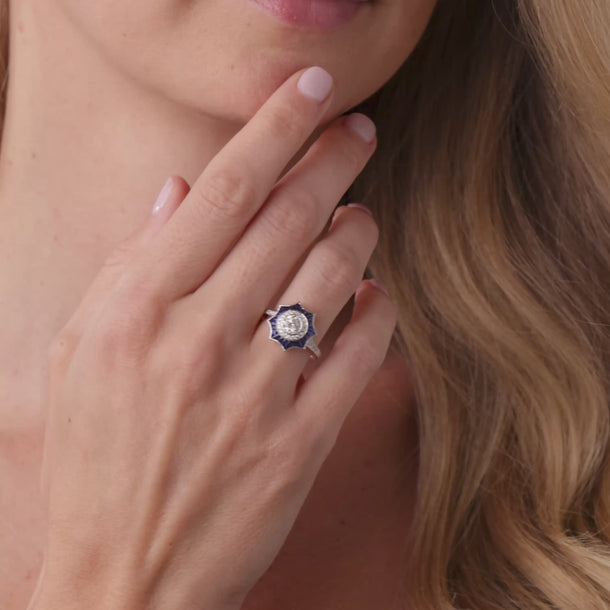 Art Deco style diamond sapphire 18k white gold ring