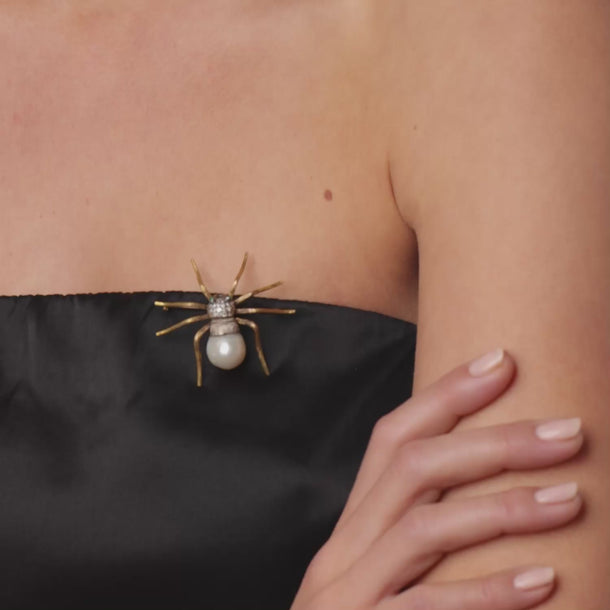 Vintage pearl diamond 18k yellow gold silver spider brooch Brooches Jack Weir & Sons