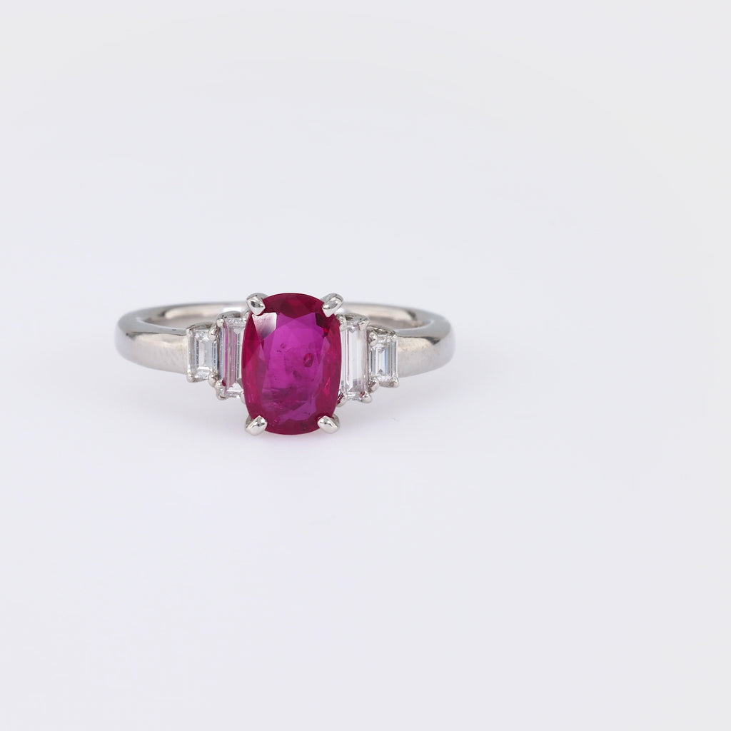 Vintage GIA Oval Ruby Diamond Platinum Five Stone Ring