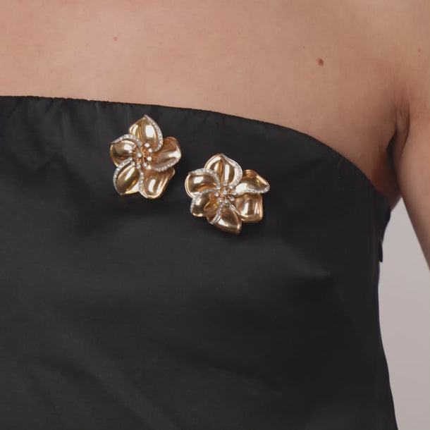 Retro diamond 18k yellow gold flower brooch pair Jack Weir & Sons